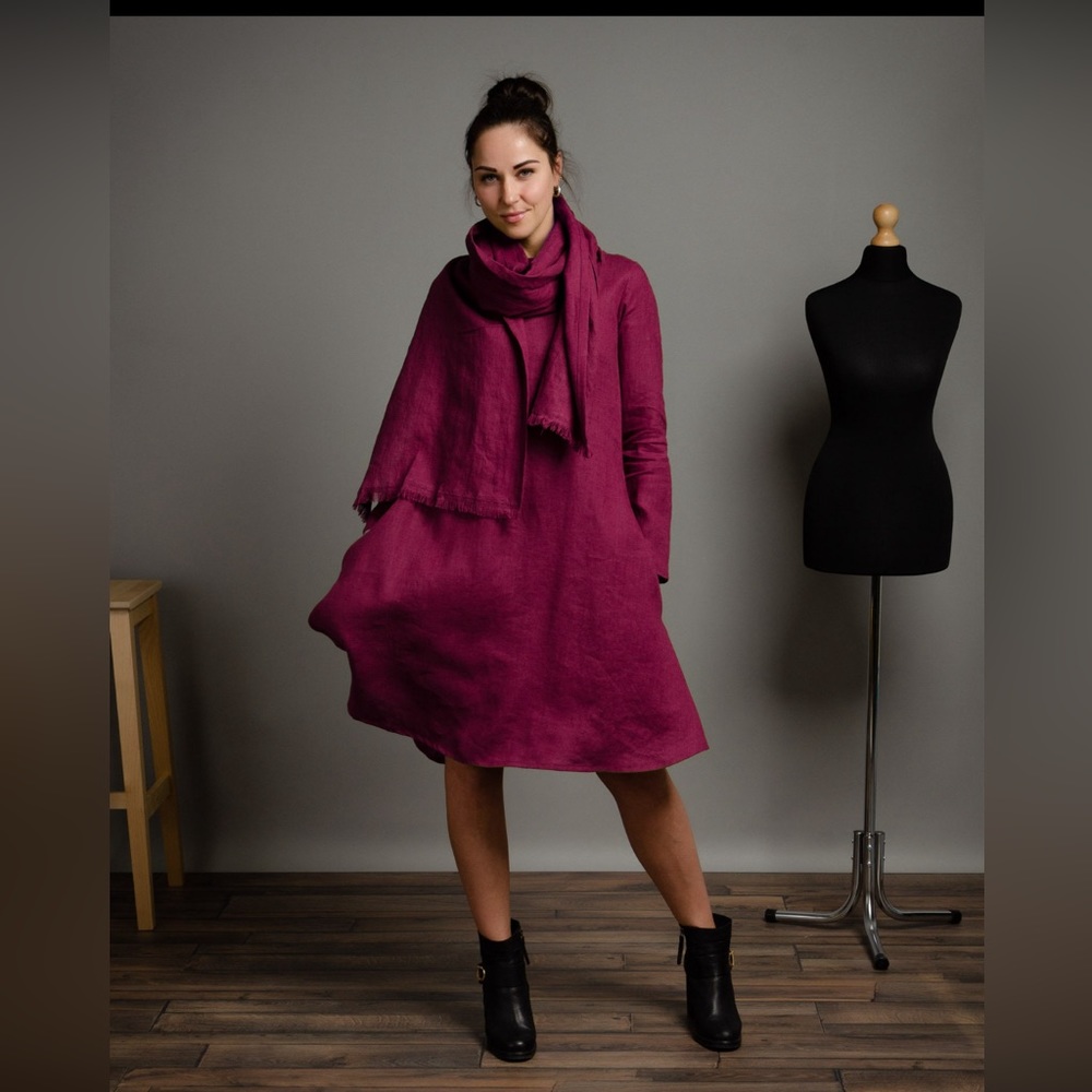 Handmade Lithuanian linen dress, magenta, size 2xl